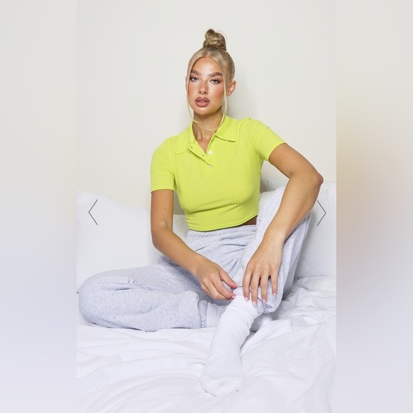 PrettyLittleThing Rib Cropped Polo Top  Size 0 US‎ Lime Neon Crop Short Sleeve - Picture 4 of 9